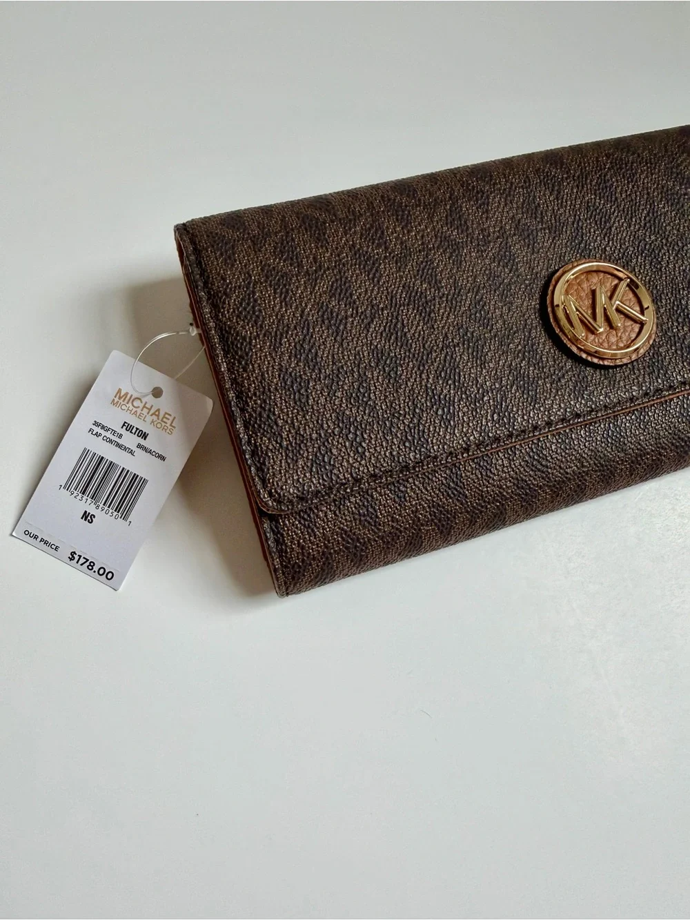 Michael Kors Fulton Continental Flap Wallet - Brown Monogram & Gold Emblem NWT